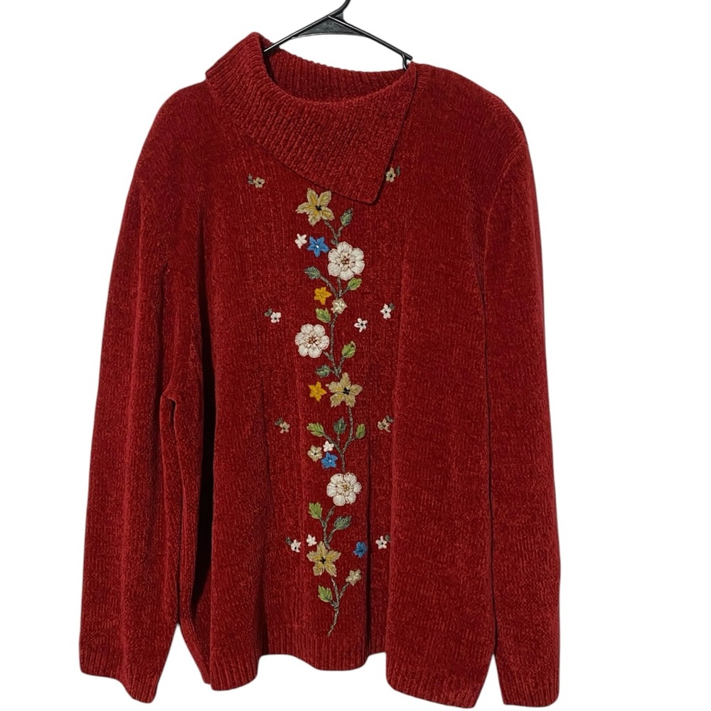 Alfred Dunner Vintage Red Chenille Floral Embroidered Sweater